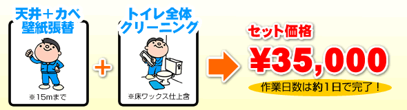 トイレのクロス張替え＋トイレ全体クリーニングのＡプランは税別35,000円