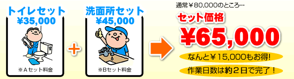 【トイレ＋洗面所セット】壁紙張替え＋全体クリーニングのＣプランは税別65,000円